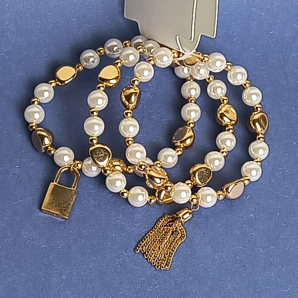 Locked Tassel Faux Pearl Stretch Set Bracelet Elegant Gold Tone Fashion Trendy